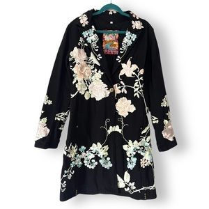 Vintage Johnny Was Biya Black Cotton Embroidered Rose Floral Long Duster Jacket